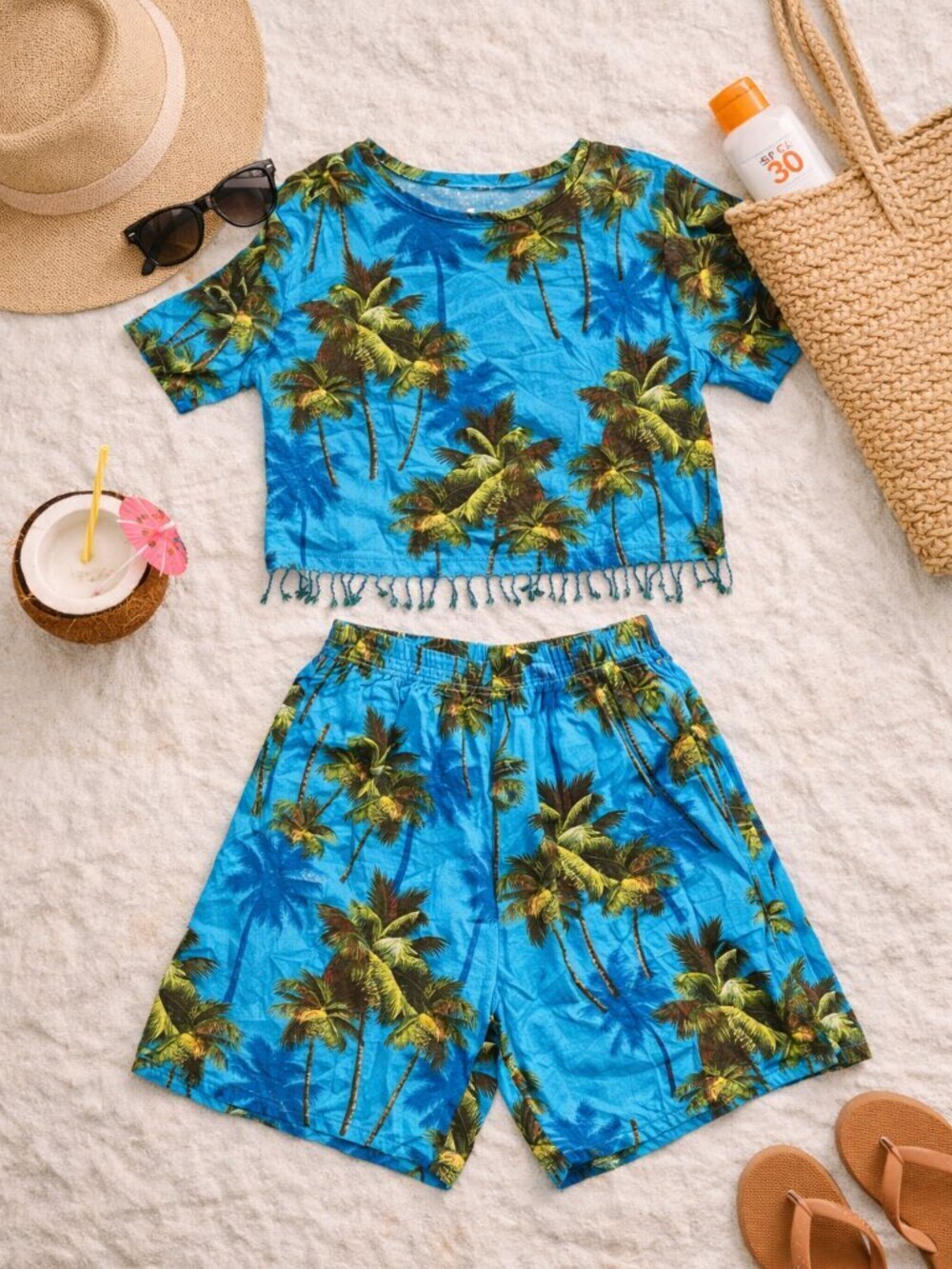 SPA Tropical Palm Tree 2 Piece Set Blue Rayon Fringe Size L